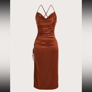 SHEIN Belle Draped Drawstring Side Split Thigh Satin Cami Dress